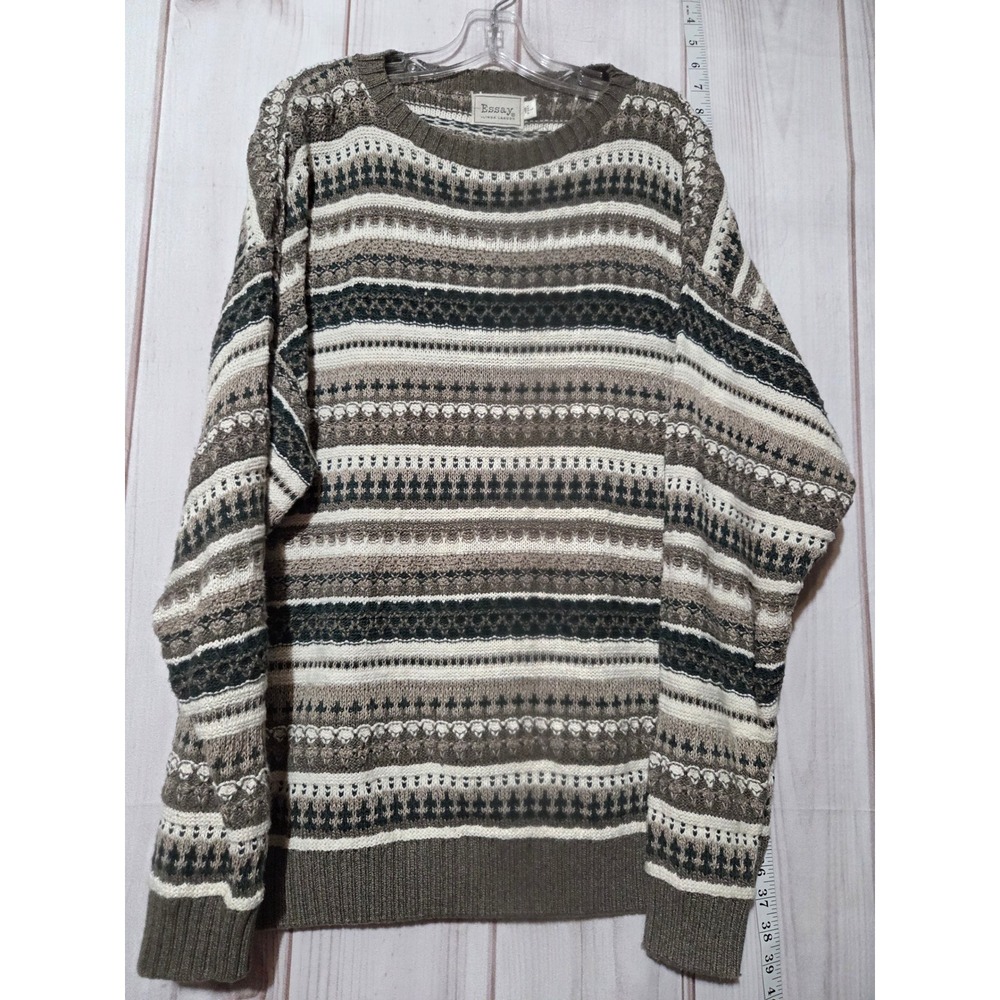 Ladies Large Striped Crewneck Sweater‎ Earth Tones Cozy 3D Vintage Pullover Top